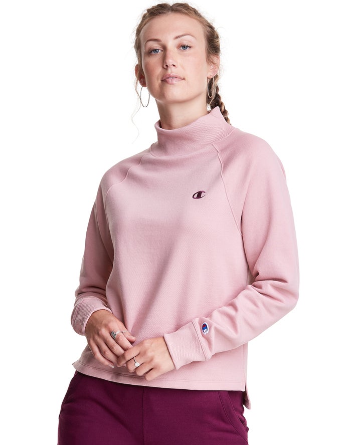 Champion Sweatshirt Dames - Beige - Powerblend Fleece Mock Neck Embroidered Logo ( 584296-XHV )